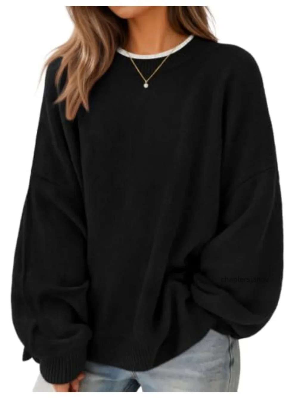 Oversized Batwing Sleeve Pullover Sweater Contrast Trim Crew Neck